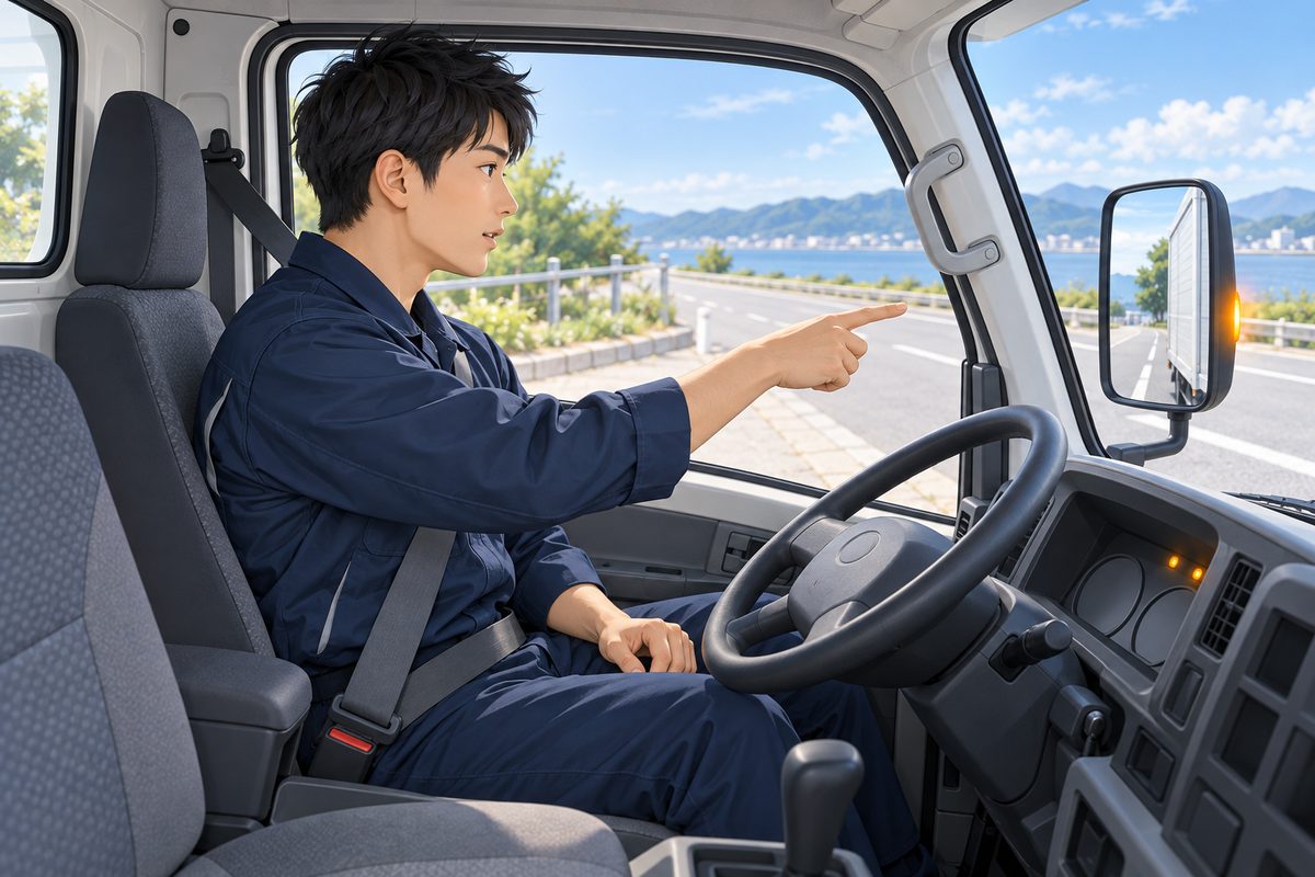 安全な場所に停車した2tトラックの運転席で、ドライバーがミラーを指さして確認するイメージ