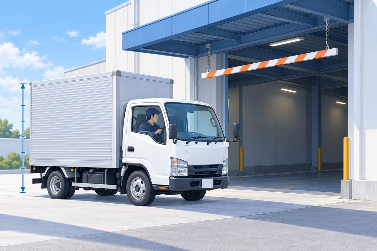 高さ制限のバーがある荷捌き場の入口に、2tトラックがゆっくり近づくイメージ