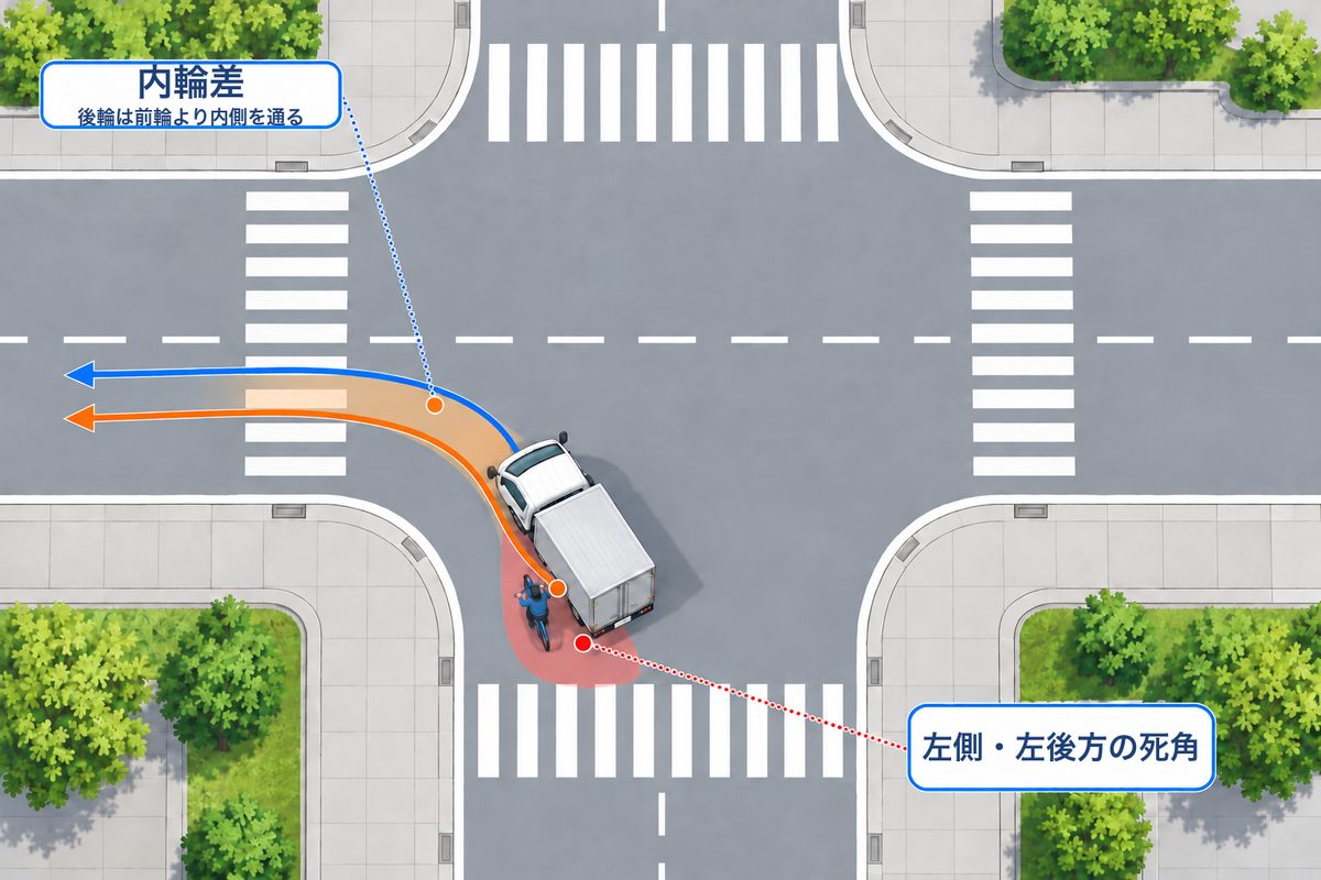 交差点を左折する2tトラックの、前輪と後輪の軌跡の差（内輪差）と左側の死角を示す図