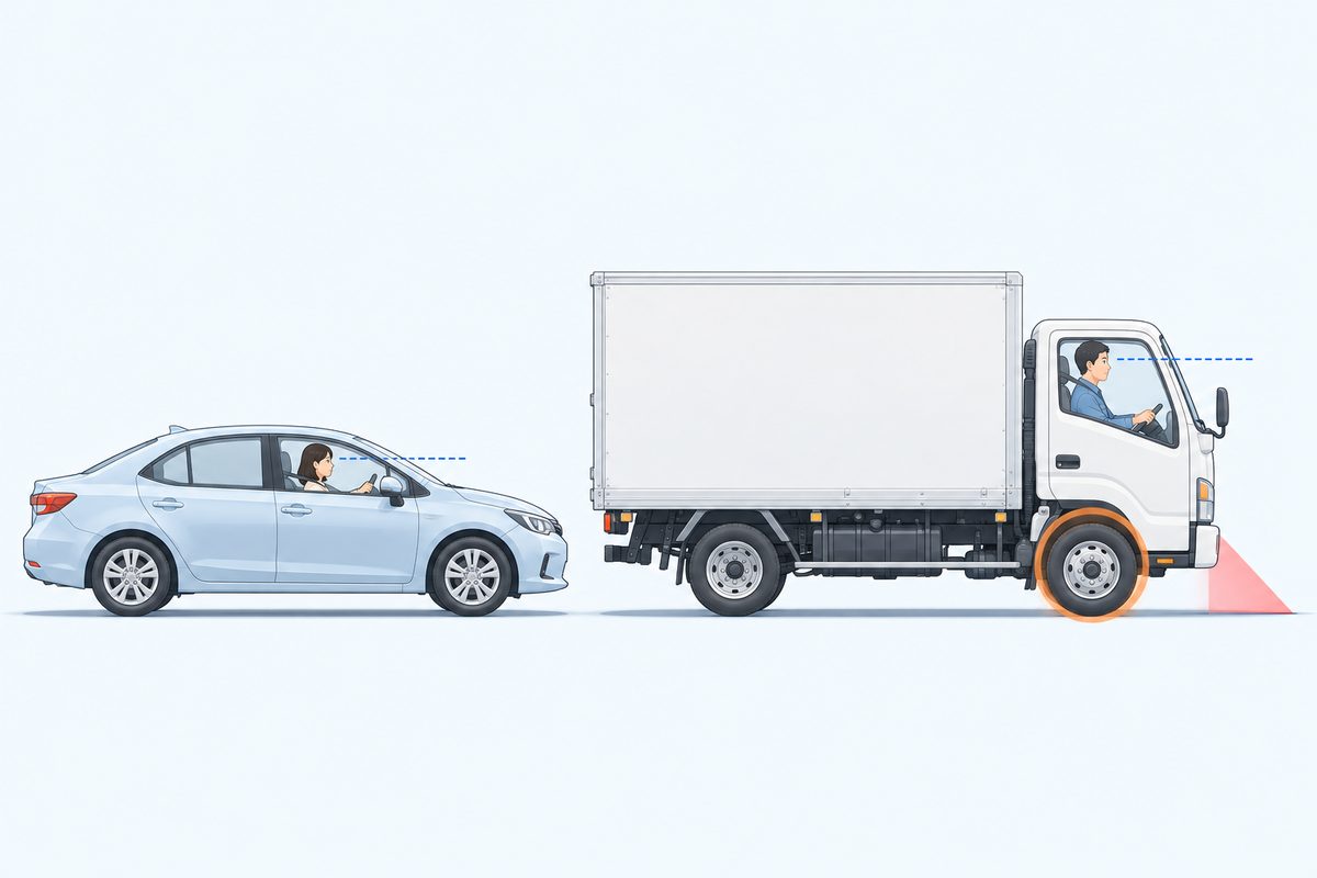 乗用車と2tトラックを横から比べ、トラックの運転席が高く前輪のほぼ真上にあることを示すイメージ