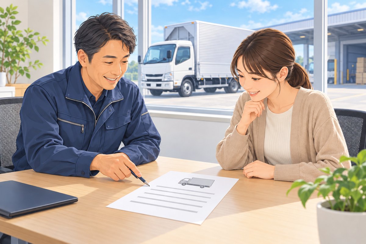 会社の担当者と応募者が、テーブルで資料を見ながら担当予定の車について話すイメージ