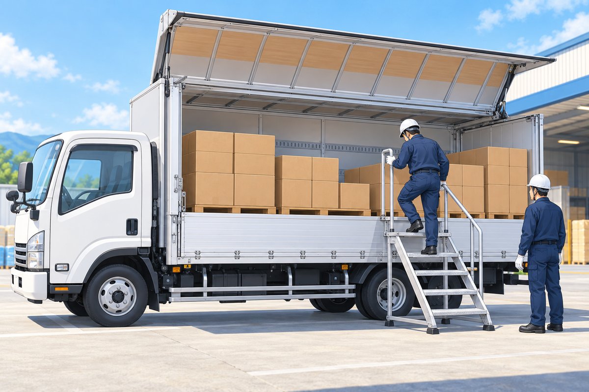 側面を開いたウィング車で、保護帽をかぶった作業者が手すり付きの踏み台を使って荷台に昇り降りするイメージ